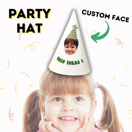 Personalized Party Hats With Face Photo and Name, for Kids Birthday parties to decorate with Balloons