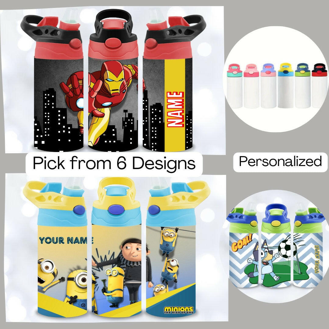 Kids SuperHeroes Water Bottle with NAME, Children's Designs Super Cute Gift for Toddler Kids with Flip Top and BPA free