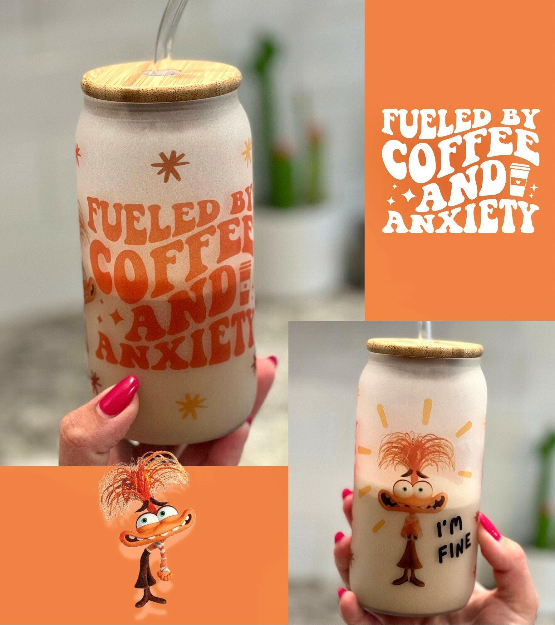 Inside Out Anxiety Glass Tumbler 16oz I’m fine Emotions, Groovy Emotional Support Coffee Cup Libey Gift Idea