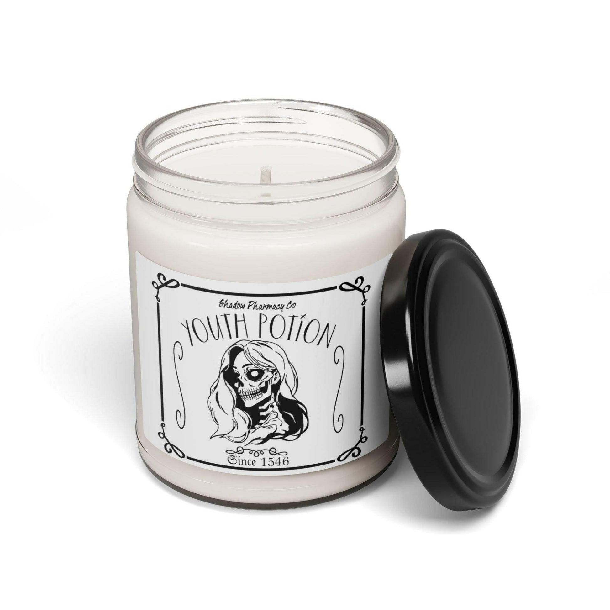 Halloween Personalized Candle Youth Potion Skeleton Scented Soy Candle with black lid, 9oz