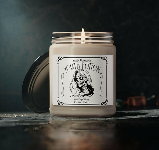 Halloween Personalized Candle Youth Potion Skeleton Scented Soy Candle with black lid, 9oz