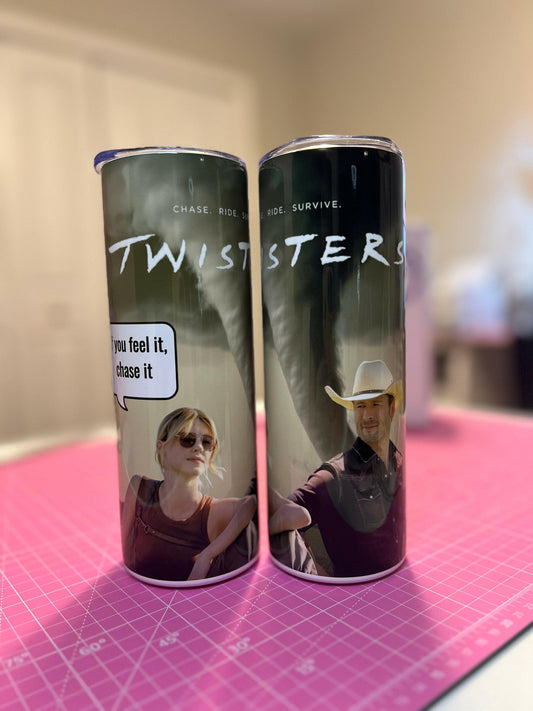 Personalized Twisters Movie 20oz Stainless Steel Tumbler, Insulated Tornado Wrangler Travel Cup w/ Straw and Brush Included Feel it Chase it