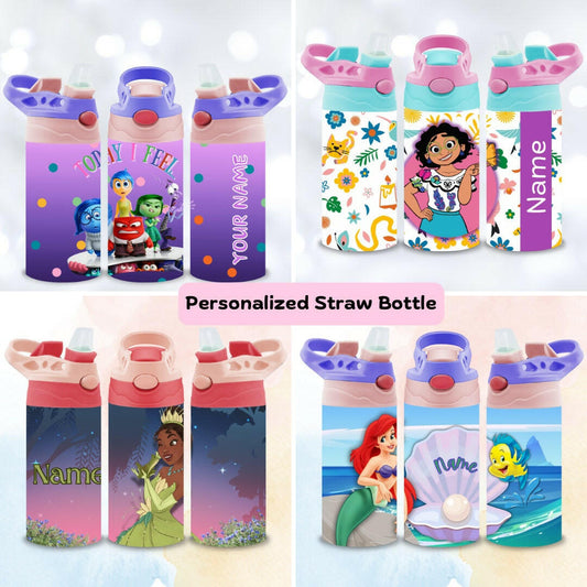 Kids Princess and Movies 12oz Water Bottle with NAME, Children's Designs Super Cute perfect Gift for Toddler Kids, Flip Top and BPA free