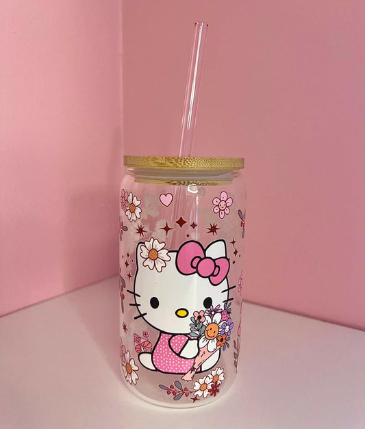 Hello Kitty Coffee Groovy Floral 16oz Iced Coffee Cup with Pink Straw, Glass Kitty Tumbler Libbey Bamboo Lid, BPA Free Cute Gift