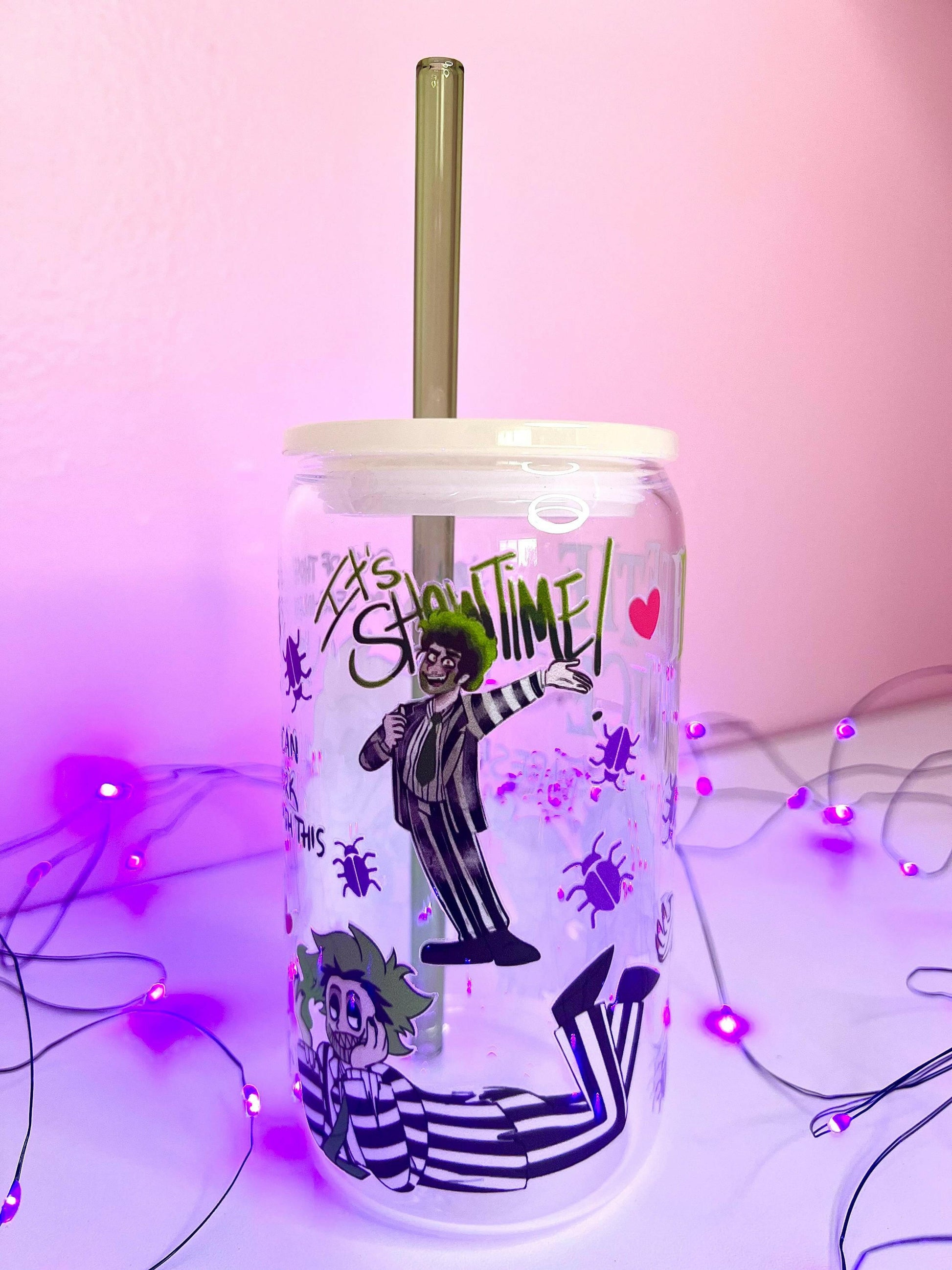 Ghost With the Most 16oz Glass Tumbler, Beetlejuice Tumbler, Beetlejuice Cup, 16oz Mug with Lid and Straw perfect Halloween gift