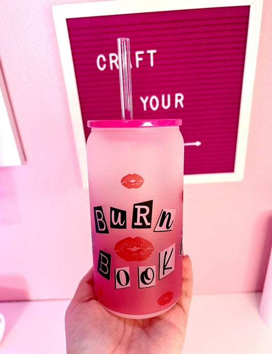 Burn Book Mean Girls 16oz Glass Tumbler, Iced Coffee Cup, 16oz Mug with Lid and Straw Gossip gift for her