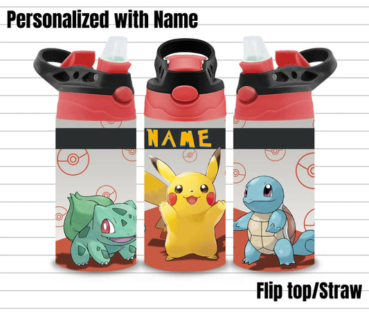 Kids Water Bottle 12oz Personalized Cup, Flip Top Tumbler, Kids Custom Thermal Travel Cup with Straw