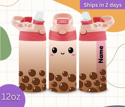 Kids Cup Bobba Tea Inspired 12oz Stainless Steel Flip Top Custom with NAME, Cute perfect Gift for Toddler Kids BPA free