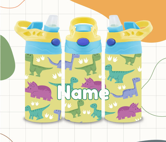 Dinosaur Kids Water Bottle 12oz Custom with Name Yellow and Blue, Flip Top Tumbler, Kids Custom Thermal Travel Cup with Straw for School