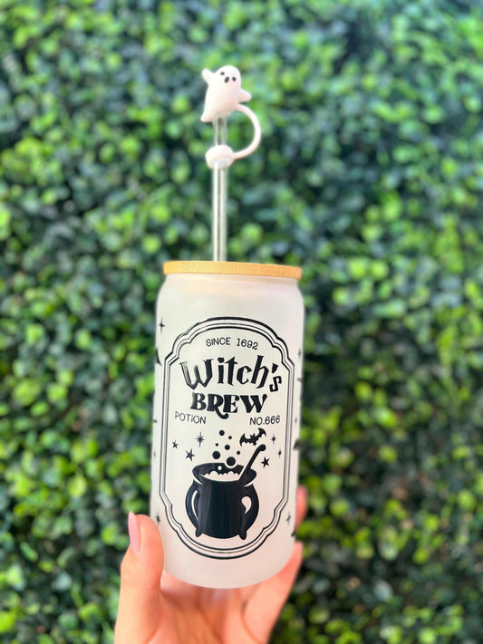 Halloween Witch's brew potion Glass Coffee Cup, 16oz With Bamboo lid and Straw, Ghost Straw topper INCLUDED