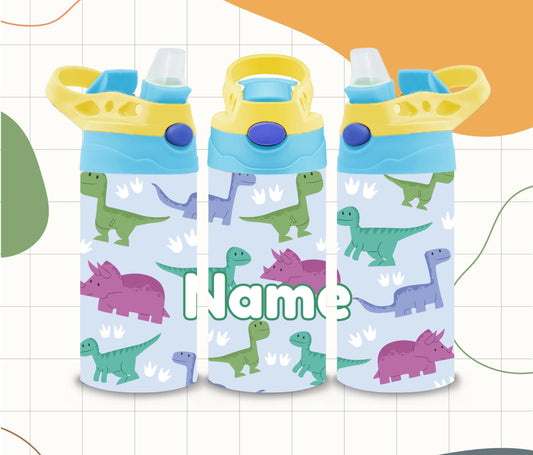 Dinosaur Kids Water Bottle 12oz Custom with Name Yellow and Blue, Flip Top Tumbler, Kids Custom Thermal Travel Cup with Straw for School