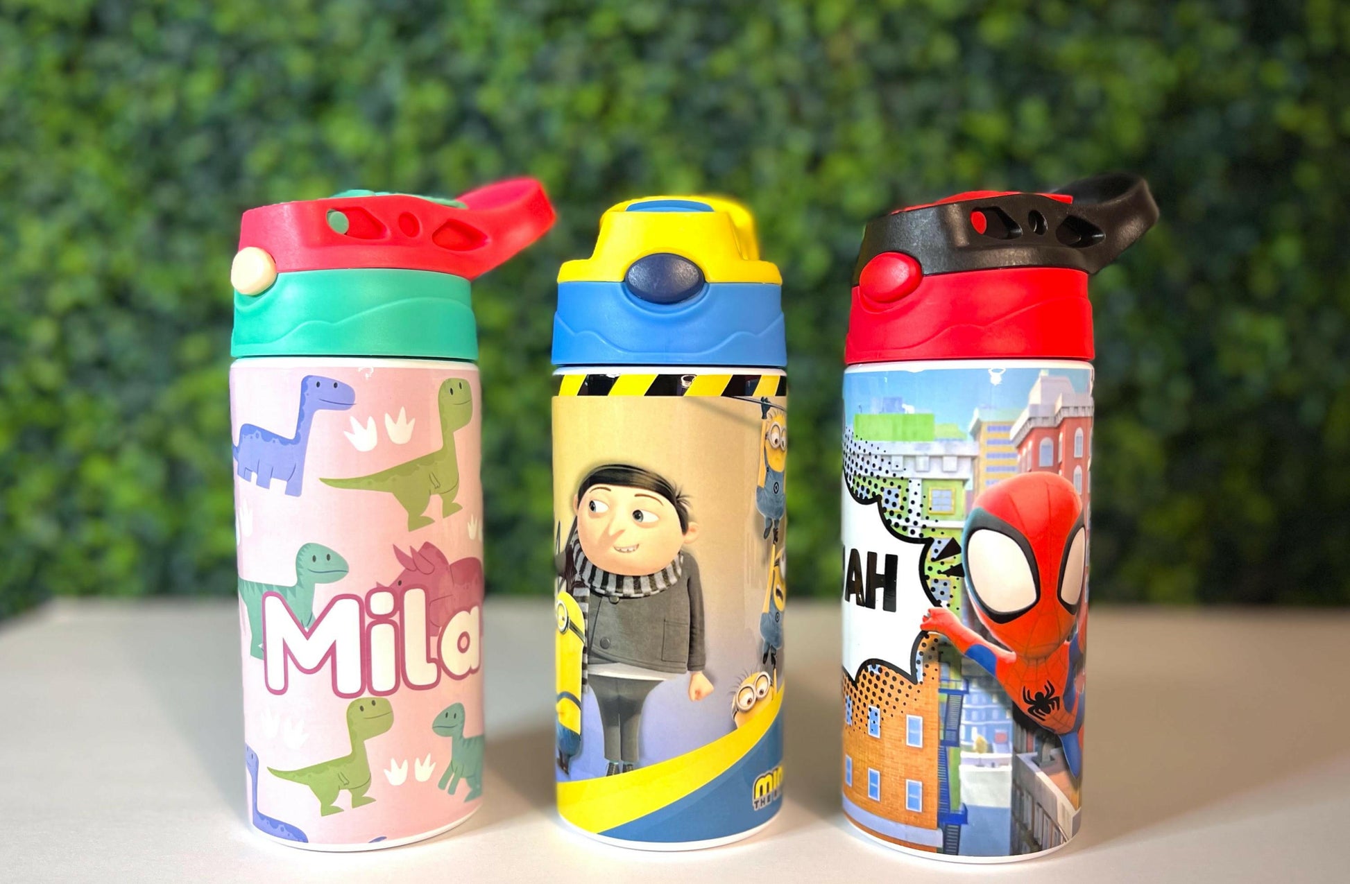Kids SuperHeroes Water Bottle with NAME, Children's Designs Super Cute Gift for Toddler Kids with Flip Top and BPA free