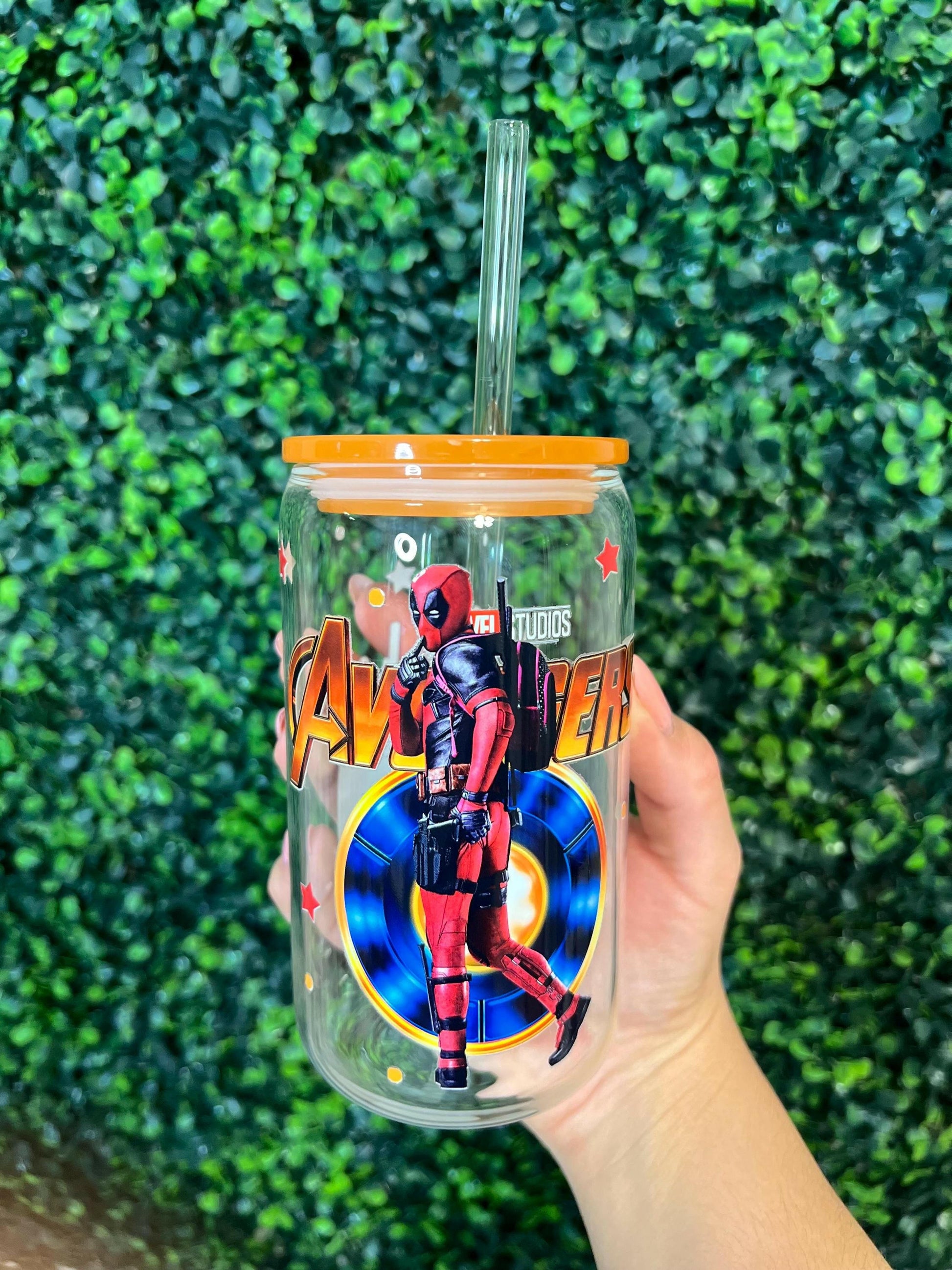 Marvel DeadPool and Wolverine 16oz Glass Tumbler, Color lid Superhero Personalized Travel Cup with Glass Straw Gift for him