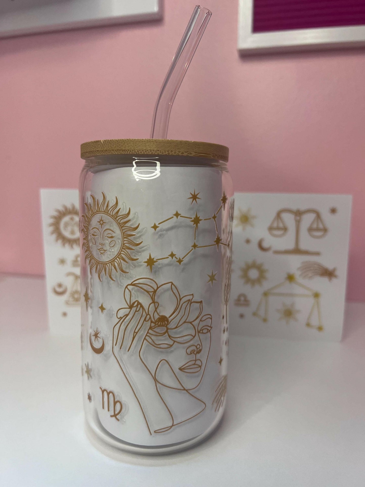 Zodiac Virgo Iced Coffee glass 16oz Tumbler, Horoscope Constellation and Sings Libbey cup gift for a friend