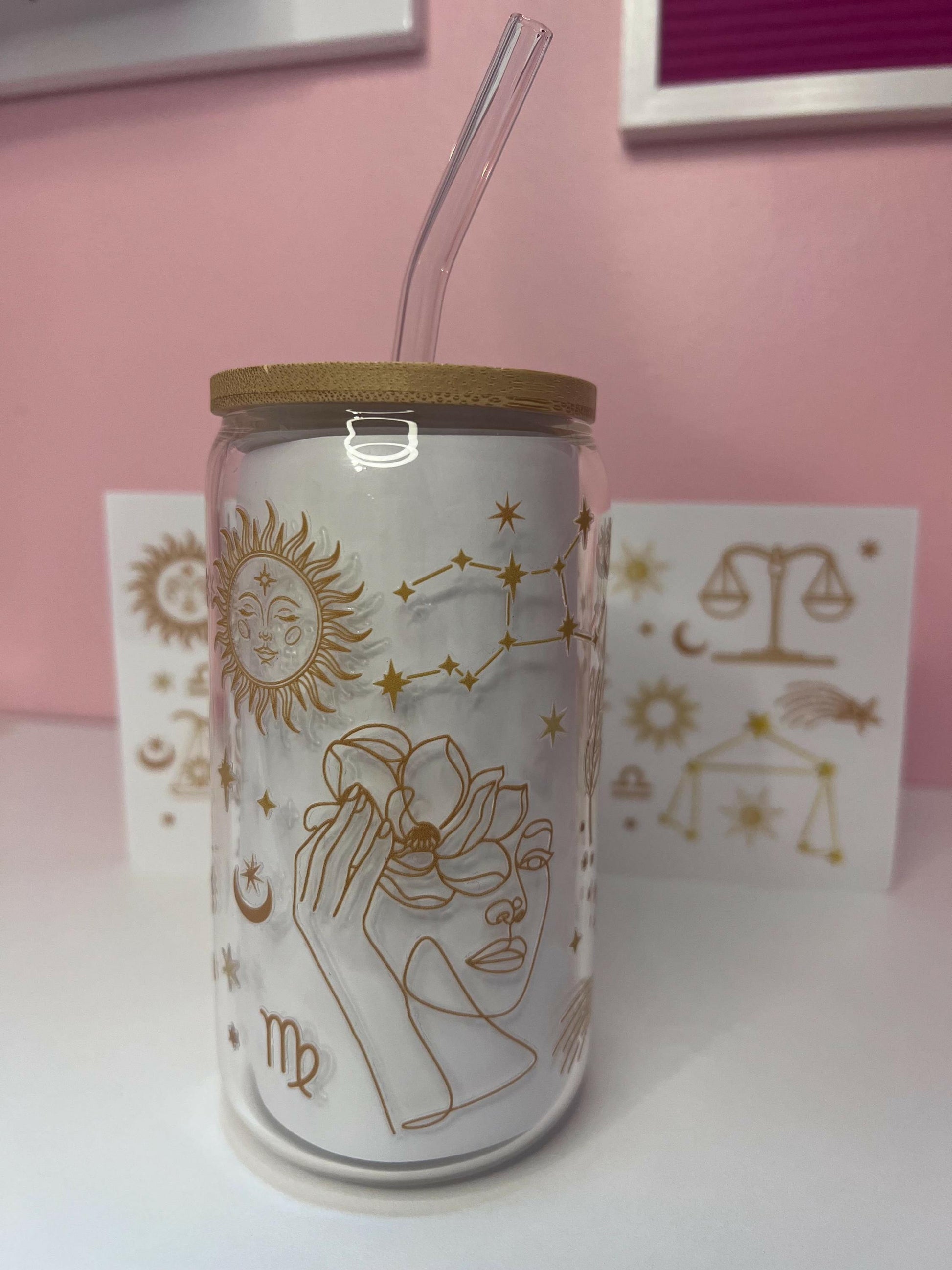 Zodiac Virgo Iced Coffee glass 16oz Tumbler, Horoscope Constellation and Sings Libbey cup gift for a friend