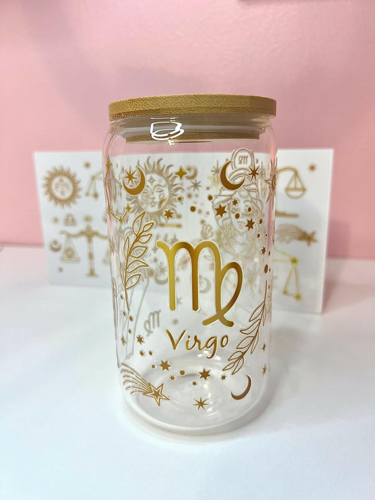 Zodiac Virgo Iced Coffee glass 16oz Tumbler, Horoscope Constellation and Sings Libbey cup gift for a friend