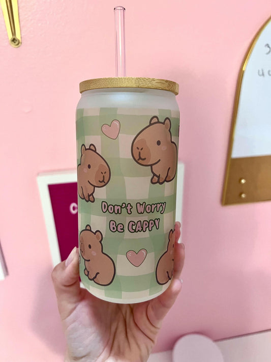 Capybara Cute Tumbler 16oz Don't Worry Be Cappy Glass Iced Coffee Cup with Straw and Lid, Kawaii Aesthetic Capybara gifts