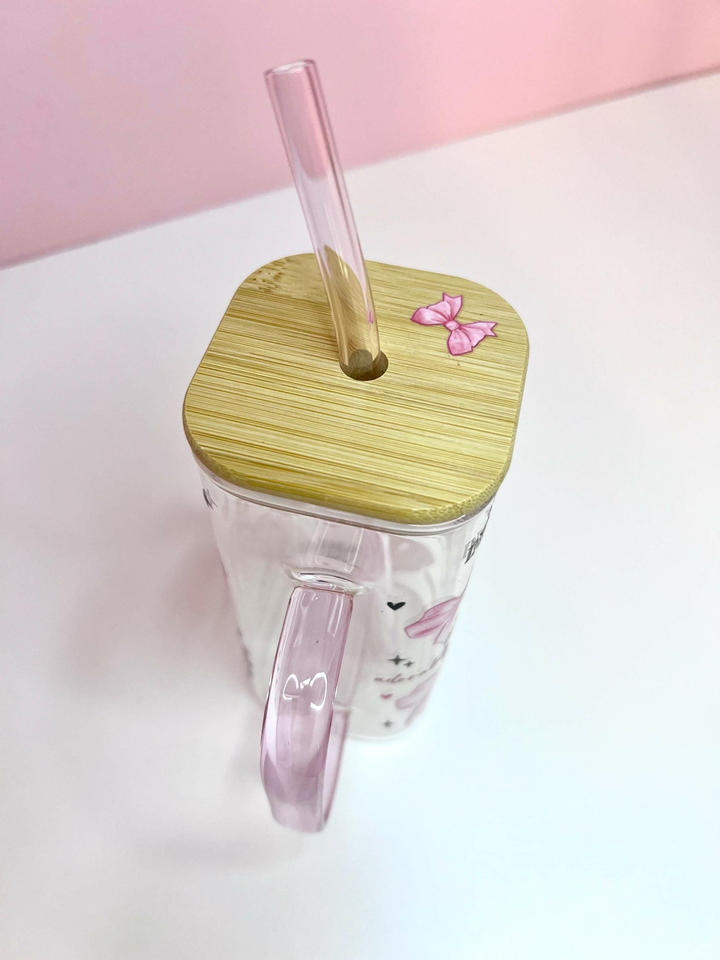 Mom Gift Cup, Daily Affirmation Glass Affirmation Tumbler with Bamboo Lid and Straw Pink with Coquette Bows, perfect gift for mom