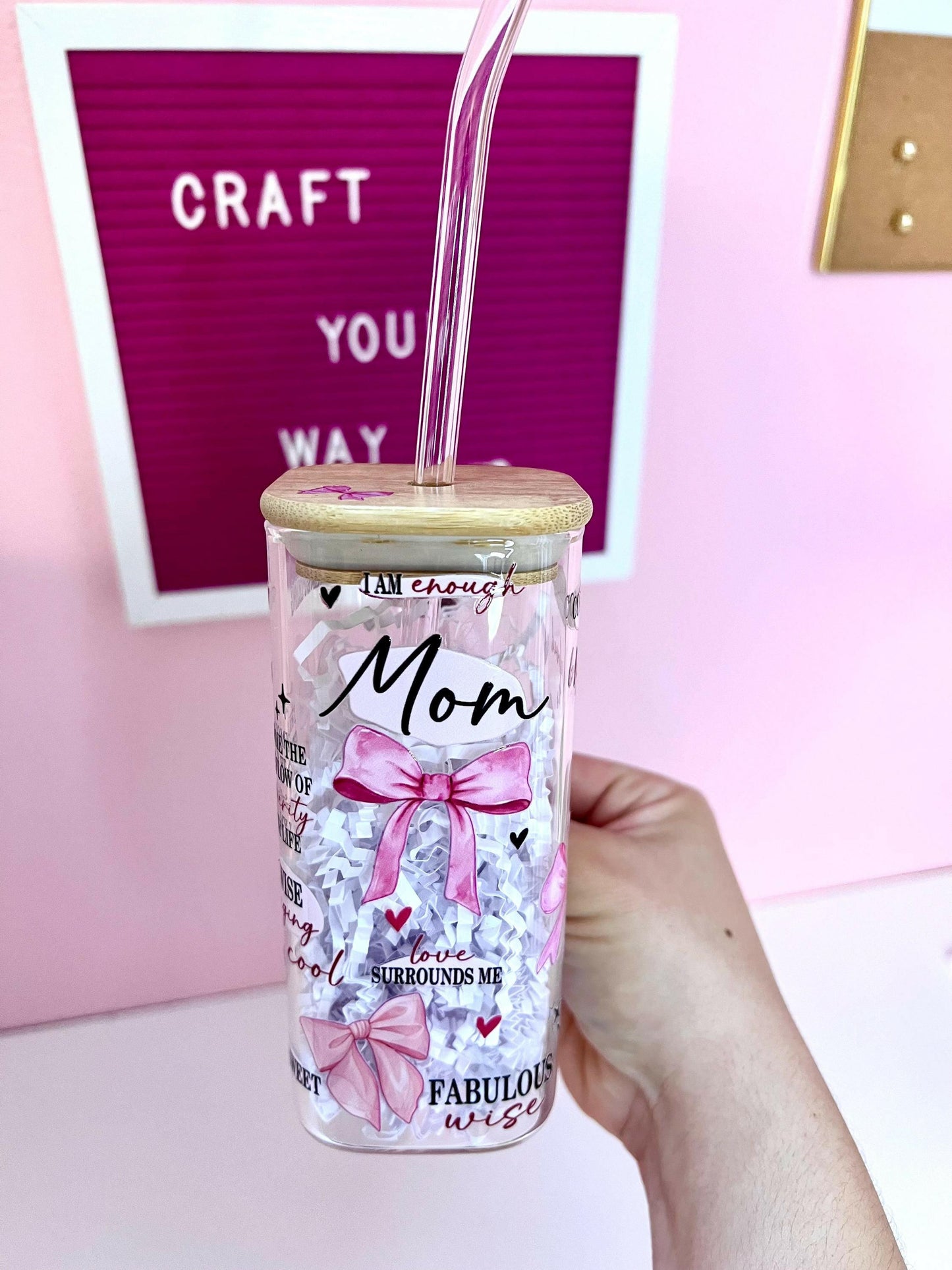 Mom Gift Cup, Daily Affirmation Glass Affirmation Tumbler with Bamboo Lid and Straw Pink with Coquette Bows, perfect gift for mom