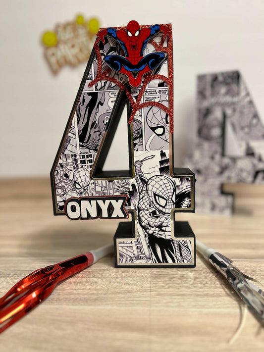 Boys Party Decor 3D Number, Spiderman Party, Tabletop decoration and Centerpiece 10” tall Custom with Name and Age