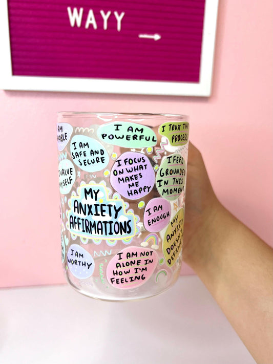 Emotional Support Daily Affirmations 16oz Glass mug, Anxiety coffee mug, perfect for Iced Coffee or Eggnog, Mug with Lid and Straw