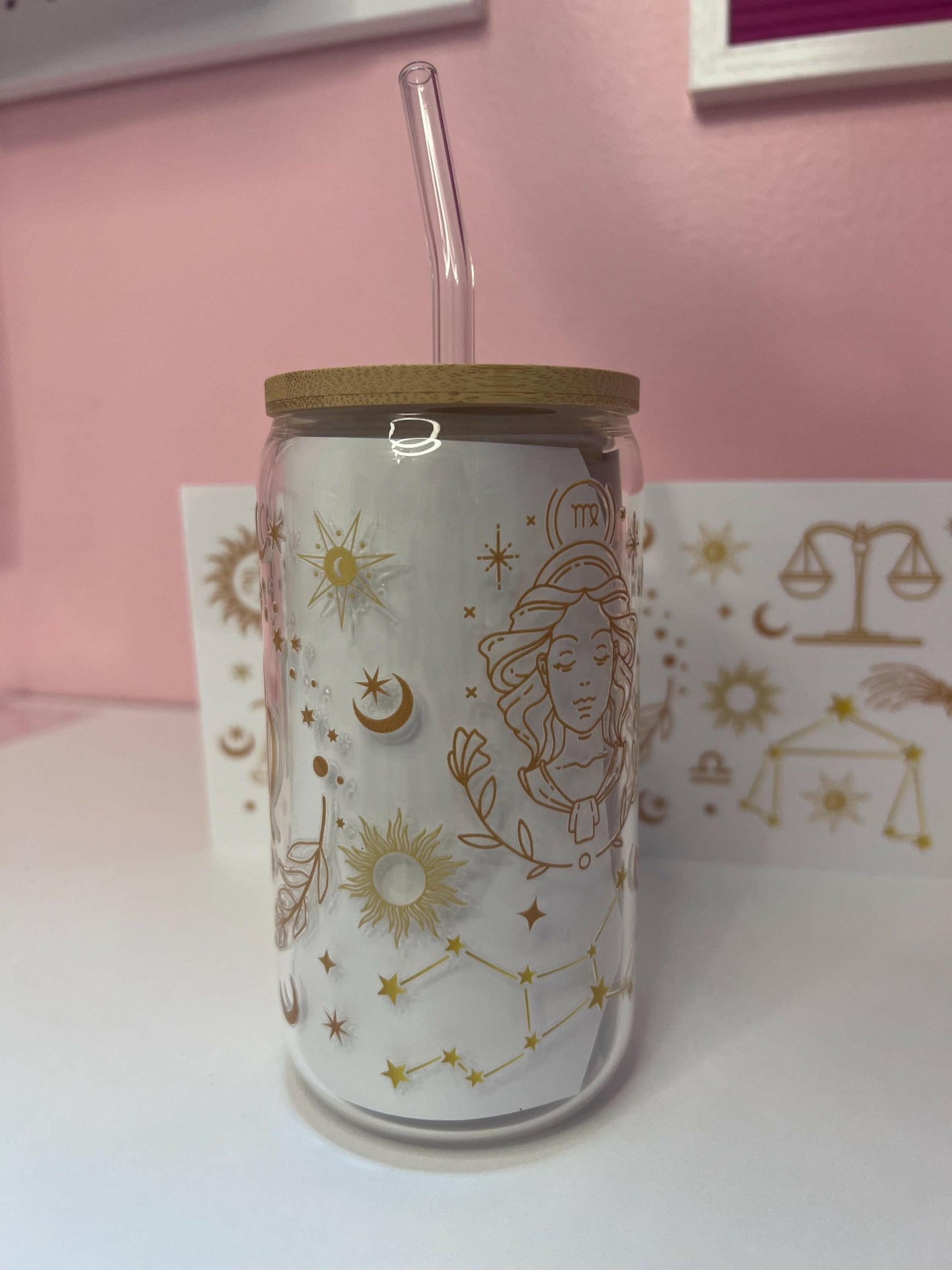 Zodiac Virgo Iced Coffee glass 16oz Tumbler, Horoscope Constellation and Sings Libbey cup gift for a friend