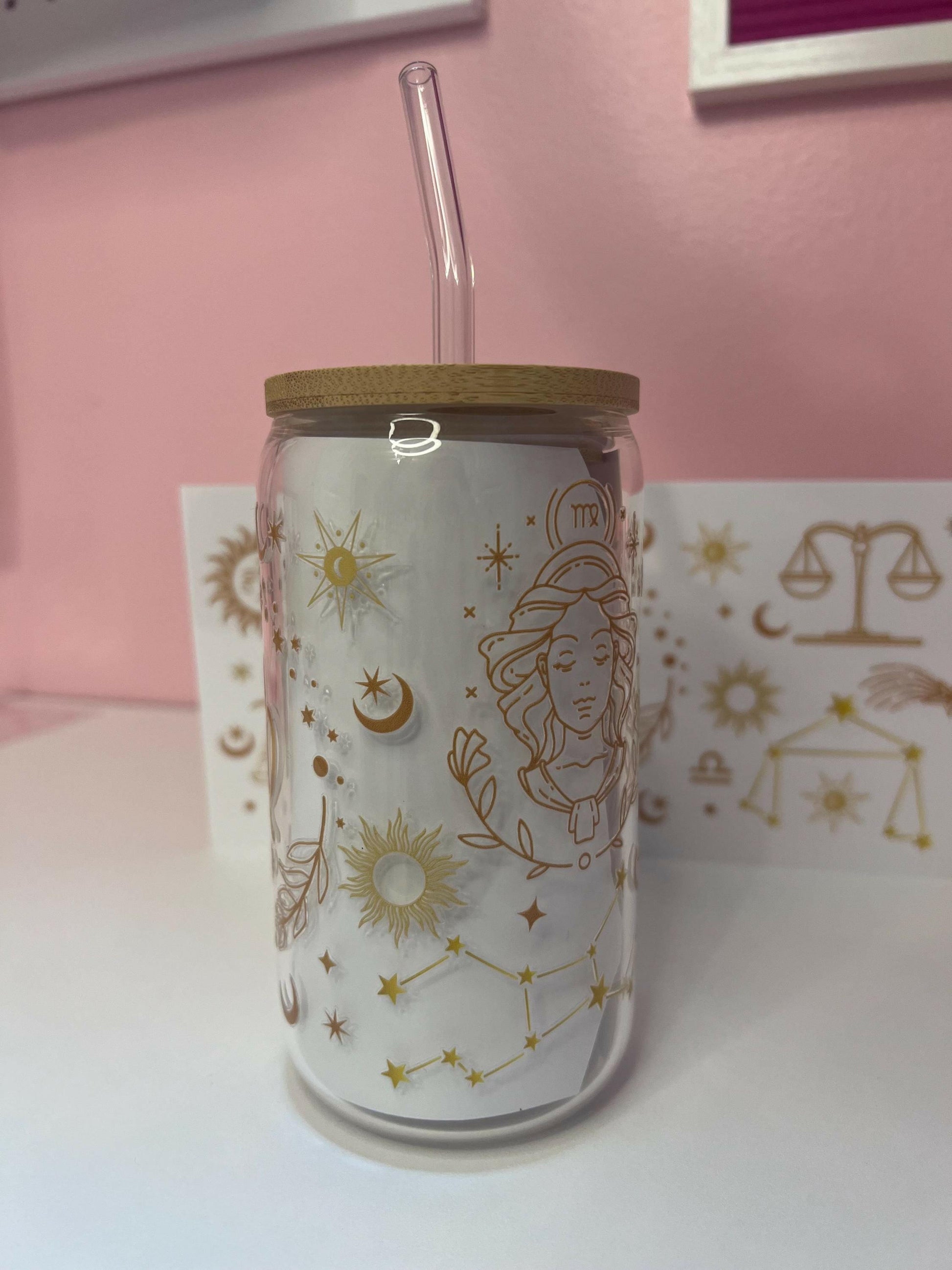 Zodiac Virgo Iced Coffee glass 16oz Tumbler, Horoscope Constellation and Sings Libbey cup gift for a friend