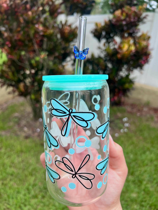 Cute Cup Butterflies Fireflies Glass cup, Tiffany Blue Aesthetic Iced Coffee Glass, Butterfly glass Straw, Cold drink Glass, Gift for her