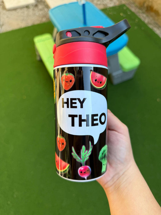 Kids Personalized Hey Bear Sensory Fruits 12oz Cup, Custom Insulated Tumbler for kids with Name for Back to School Dancing Fruits Veggies