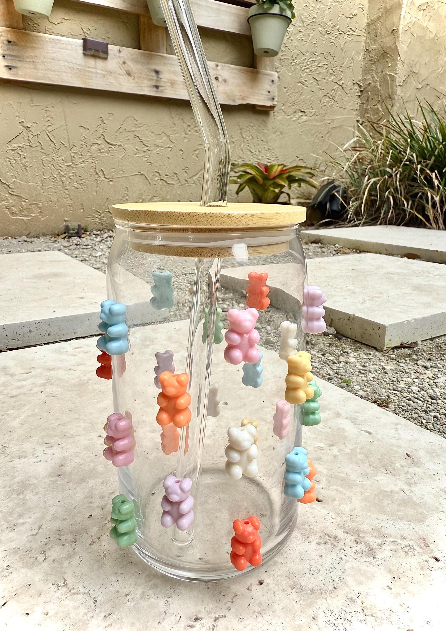 Gummy Bear Can Tumbler Glass, 16oz Bamboo Glass Cup, Trendy Bear, Kawaii Bear, Acrylic Gummy Bear