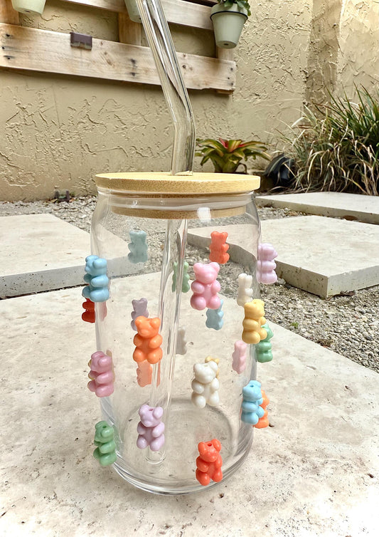 Gummy Bear Can Tumbler Glass, 16oz Bamboo Glass Cup, Trendy Bear, Kawaii Bear, Acrylic Gummy Bear