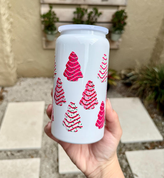Pink Christmas 16oz Iced Coffee Cup with Lid, Pink Christmas Tree Stainless Steel or Glass, Christmas Pink Aesthetic, Pink gift for her