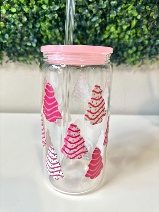 Pink Christmas 16oz Iced Coffee Cup with Lid, Pink Christmas Tree Stainless Steel or Glass, Christmas Pink Aesthetic, Pink gift for her