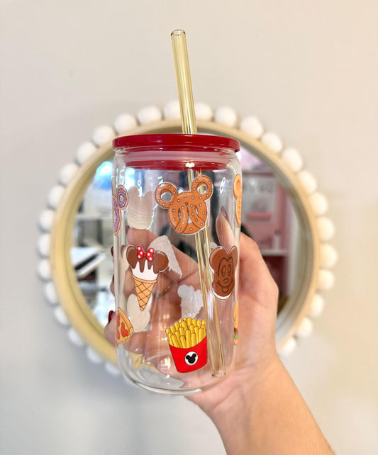 Personalized Glass 16oz Iced Coffee Glass Can, Mickey & Minnie Design with Snacks, Teens and Coffee Enthusiasts, icee coffee, gifted tumbler