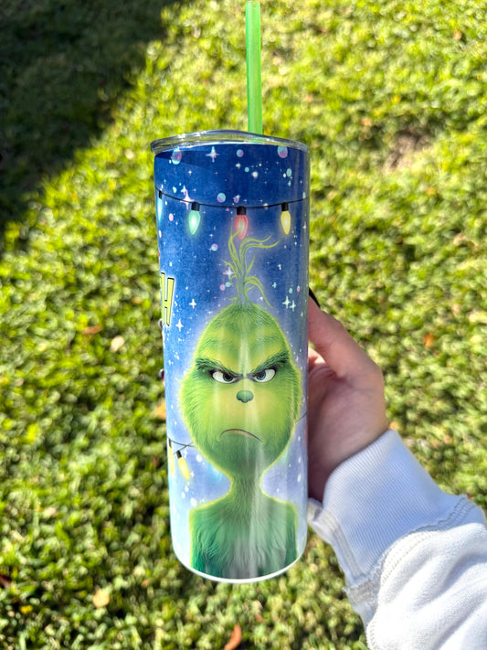Holiday Tumbler Glow in the Dark 20oz Cup Grinch, Grinch Christmas Water Bottle, The Mean one, perfect Holiday Gift