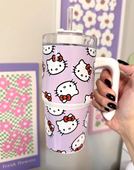 Kids Personalized 20oz Tumbler with handle, Hello Kitty, Kids Bottle, Kitty cup, Stainless steel cup with lid, Gift for her, Kawaii style