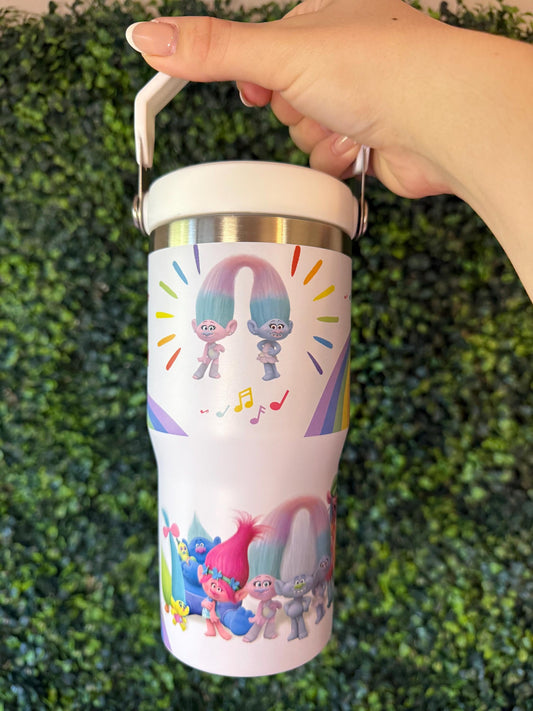 Kids Tumbler 20oz Cup with Top Handle, Trolls Kids Water Bottle, Back to School, Music and Rainbow
