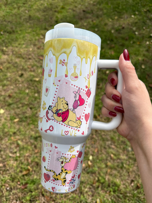 Winnie the Pooh Valentine, Tumbler 40oz, Stainless Steel Cup with Handle, Bear Water Bottle, Pooh bear, Dripping Honey, perfect gift for her