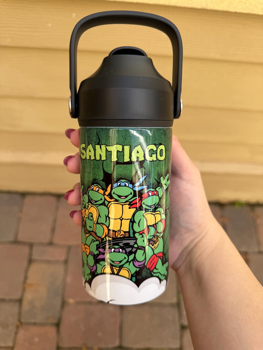 Kids Personalized Ninja Turtles 12oz Insulated Straw Cup, Custom Tumbler with Name for Back to School Ninjas Leonardo Donatello Superhero