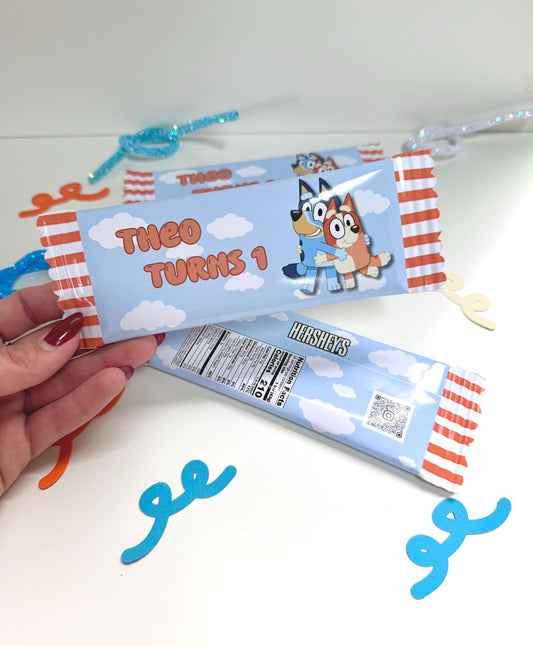 Blue Birthday Party Favor Bundle of Personalized Chocolate Bars 1.5oz Blue Bingo Party, Tabletop decoration, Custom with Name and Age