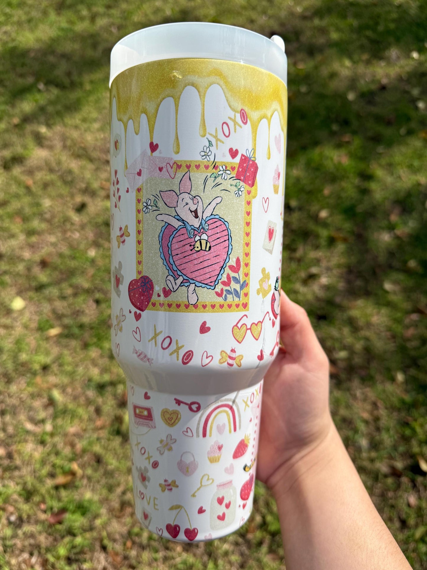 Winnie the Pooh Valentine, Tumbler 40oz, Stainless Steel Cup with Handle, Bear Water Bottle, Pooh bear, Dripping Honey, perfect gift for her