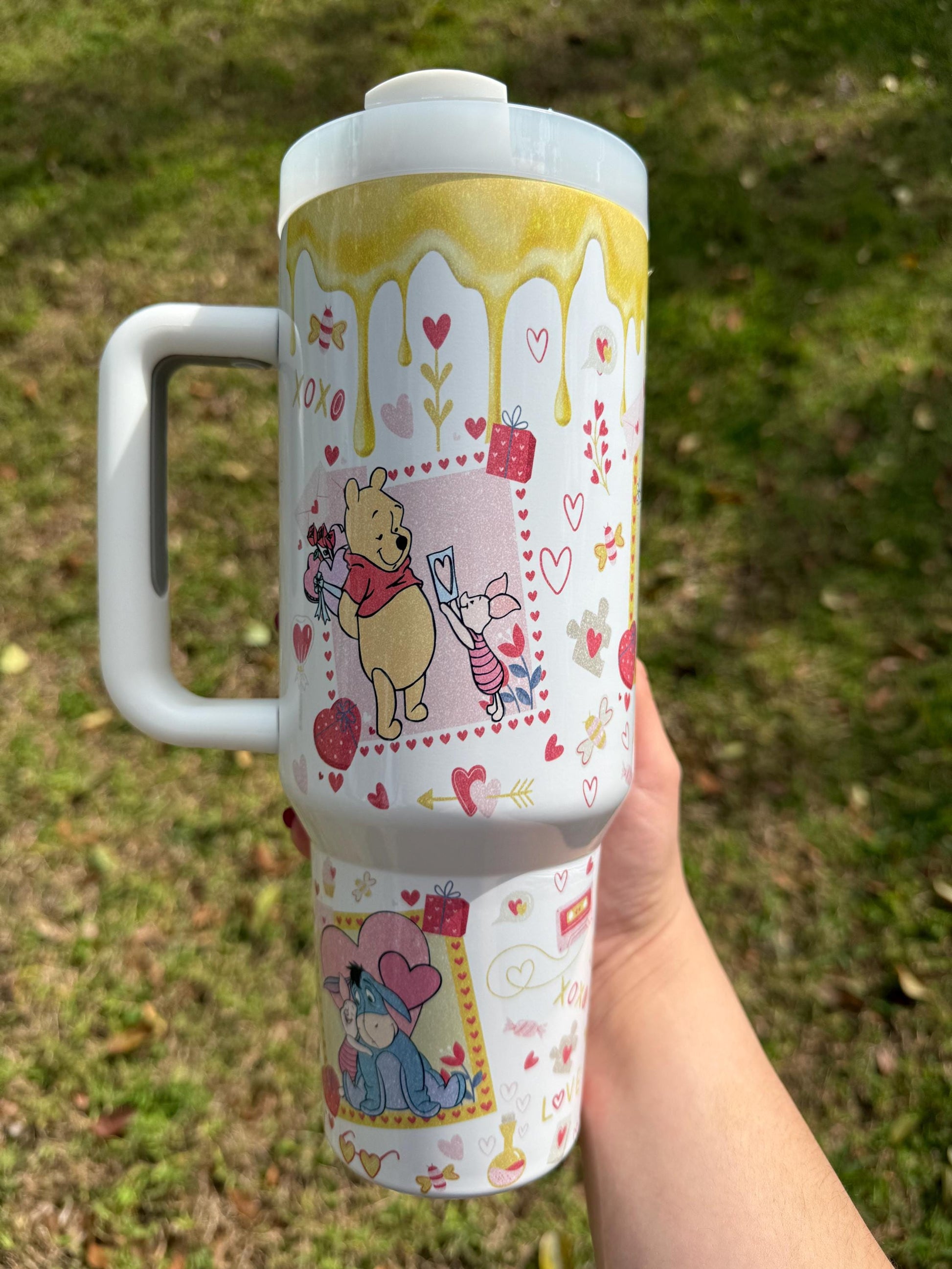Winnie the Pooh Valentine, Tumbler 40oz, Stainless Steel Cup with Handle, Bear Water Bottle, Pooh bear, Dripping Honey, perfect gift for her