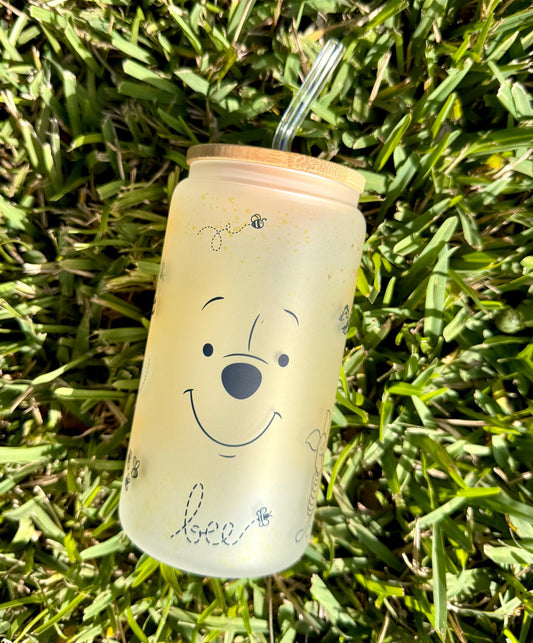 Winnie the Pooh Glass Tumbler 16oz, Iced Coffee with Bamboo lid, Bear Cup, Pooh bear honeypot, perfect gift for her