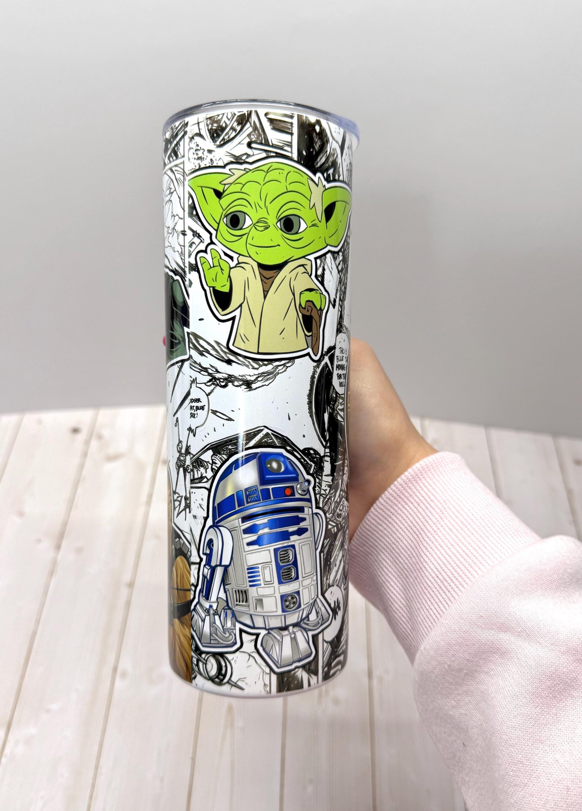 SW Galaxy Skinny Tumbler 20oz, Stainless Steel Cup with lid, Yoda Mandalorian, Stars movie tumbler, Black and white comics design