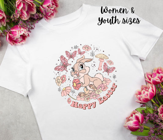 Spring Happy Easter T-shirt, Disney Easter Miss Bunny, Spring Floral Graphic Tee, Retro tee, Women's Relaxed White Tee, Easter gift