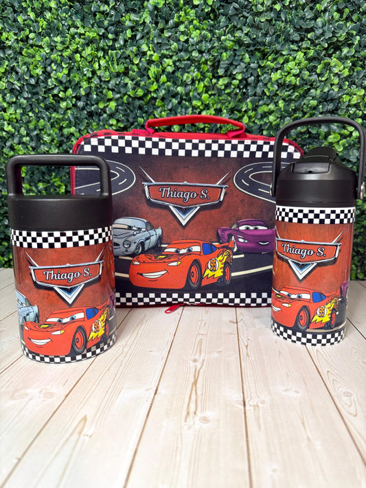 Personalized Kids Lunch Set, Cars Movie Toddler Lunchbag for School Personalized for Boys Matching Water Bottle Food Jar, Lightning Mcqueen