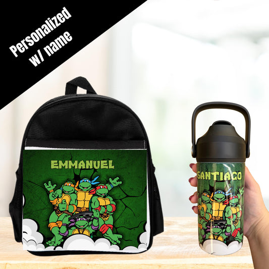 Personalized Kids Toddler Back pack for School Personalized for Boys Ninja Turtle, Matching Water Bottle, Turtle superheroes
