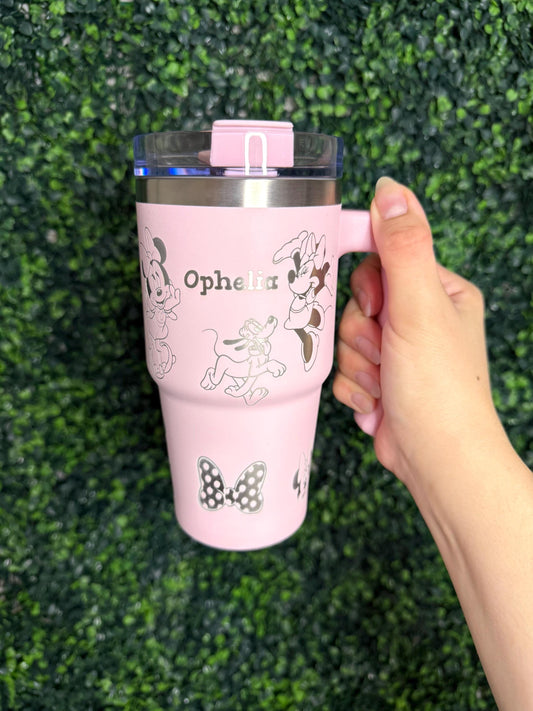 Personalized Disney Engraved Tumbler 20oz Minnie Mouse Tumbler with Name engraved, Pink cup with handle and lid, Cute Disney lover Gift
