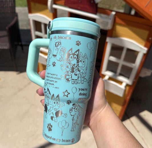Custom Engraved Kids Tumbler, Bluey Bingo, 20oz with handle, Engraved tumbler, Spill proof cup, Cartoon dog, Bluey gift for boys and girls
