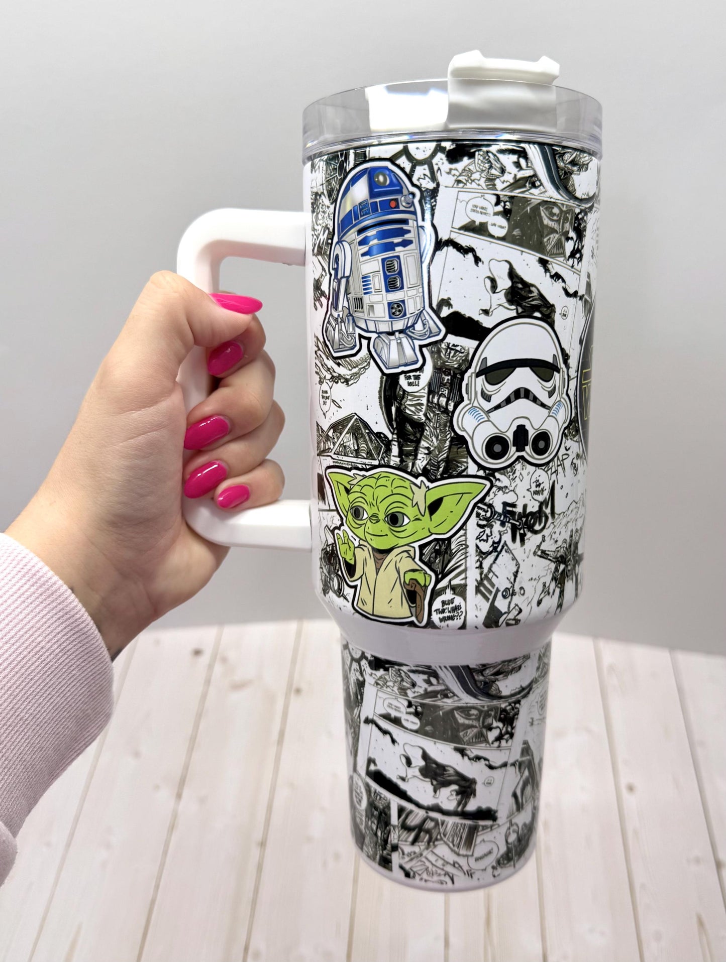 SW Galaxy Stanley Dupe 40oz Tumbler, Stainless Steel Cup with Handle, Yoda Mandalorian, Stars movie tumbler, Black and white comics design